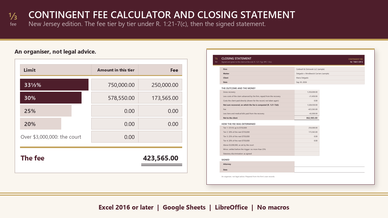Contingent Fee Calculator and Closing Statement (New Jersey) cover