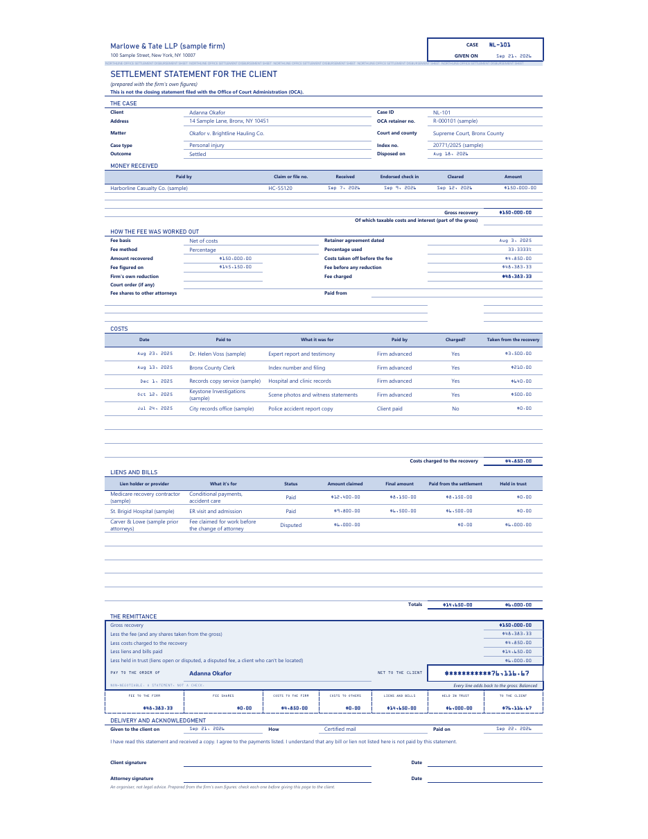 The printed settlement statement for the sample case NL-101: the case, the money received, how the fee was worked out, costs, liens, the remittance with stubs, and the acknowledgment.